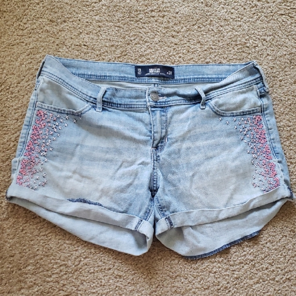 Hollister 13 31 Jean Shorts Denim Midi Pink Embroidered